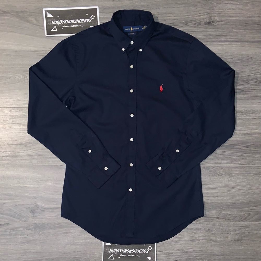 POLO RALPH LAUREN Men’s Slim Fit Button-Down Poplin Dress Shirt Navy Blue NWOT